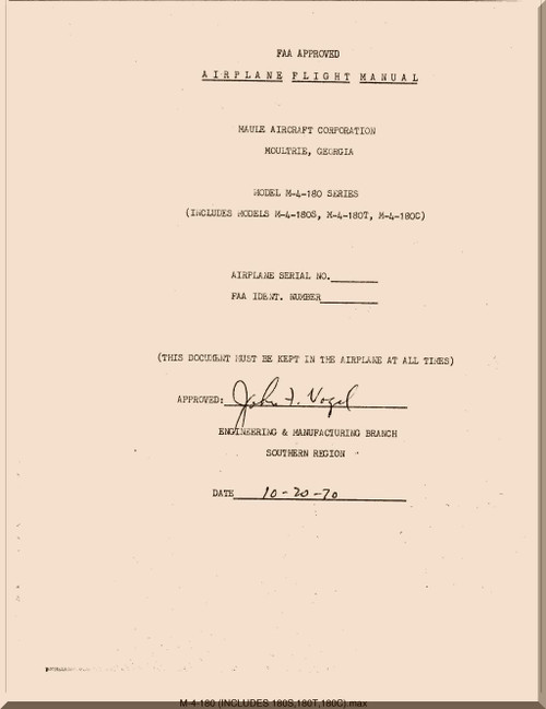 Maule Aircraft Model  M-4-180  FAA Approved Flight Manual  - 1970