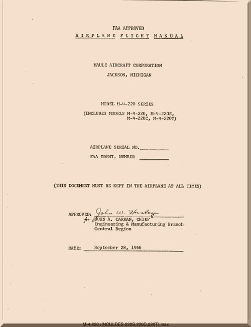 Maule Aircraft Model  M-4-220  FAA Approved Flight Manual  - 1966