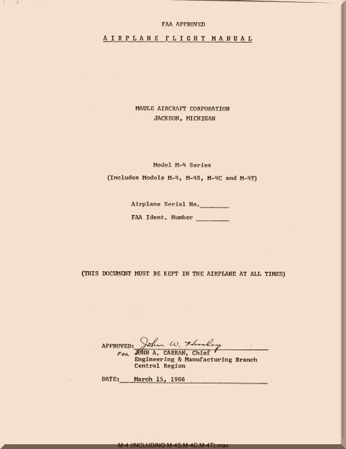 Maule Aircraft Model  M-4  FAA Approved Flight Manual  - 1966