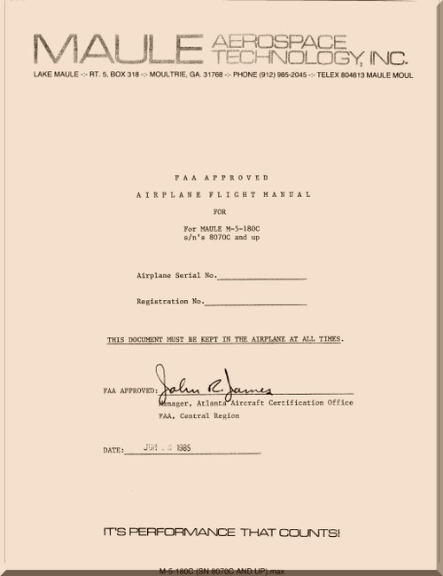 Maule Aircraft Model  M-5-180 FAA Approved Flight Manual  - 1985
