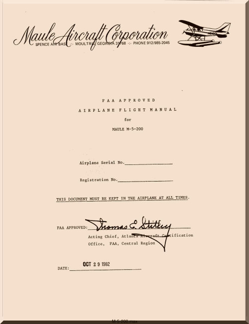 Maule Aircraft Model  M-5-200  FAA Approved Flight Manual  - 1982
