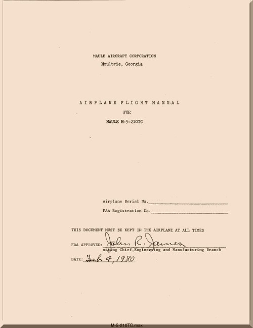 Maule Aircraft Model  M-5-210 TC  FAA Approved Flight Manual  - 1980