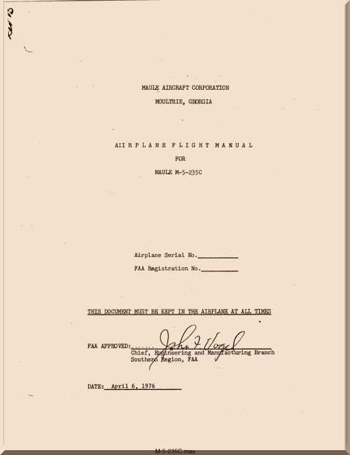Maule Aircraft Model  M-5-235 C  FAA Approved Flight Manual  - 1976