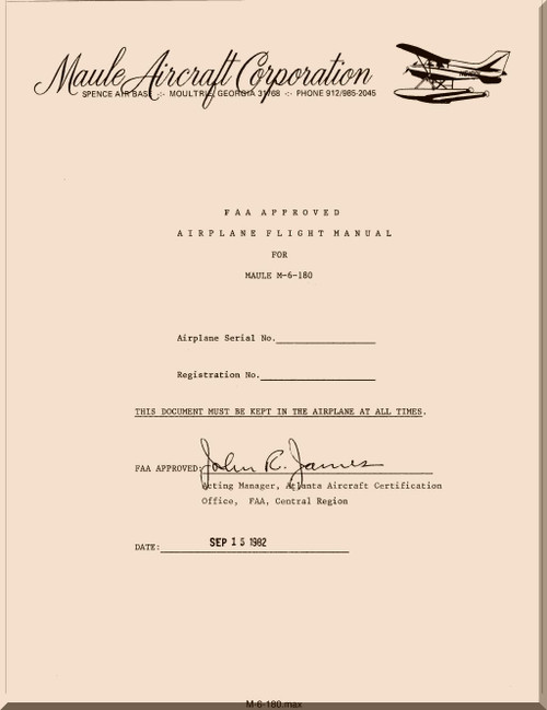 Maule Aircraft Model  M-6-180  FAA Approved Flight Manual  - 1982