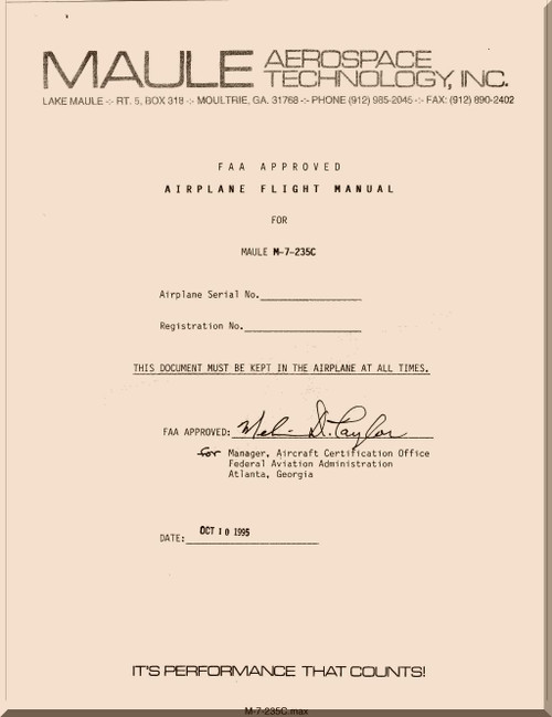 Maule Aircraft Model  M-7-235 C  FAA Approved Flight Manual  - 1995