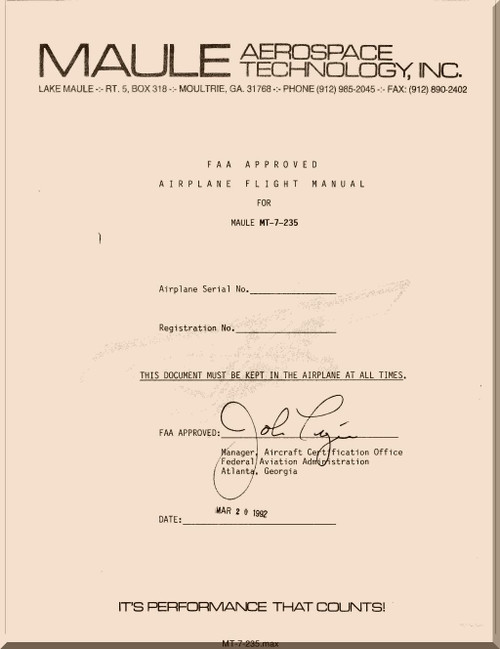Maule Aircraft Model  MT-7-235  FAA Approved Flight Manual  - 1992