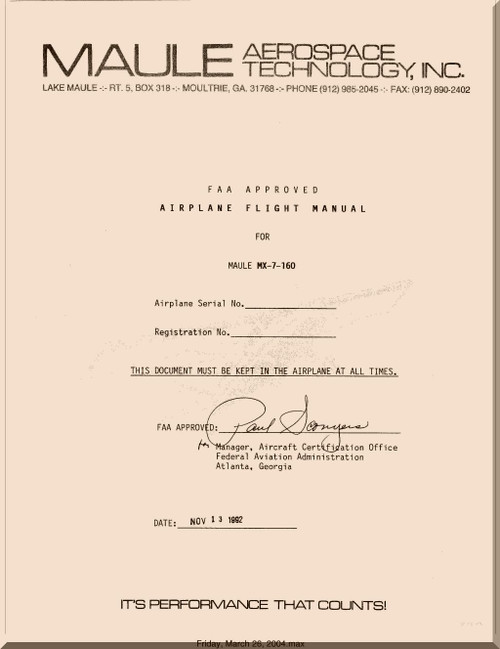 Maule Aircraft Model  MX-7-160  FAA Approved Flight Manual  - 1992