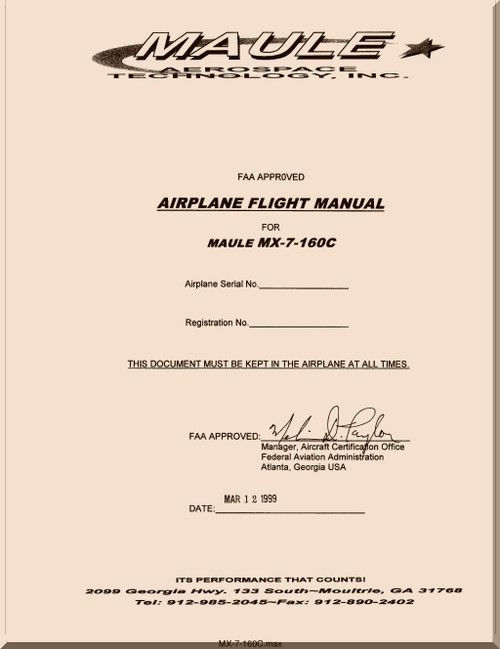 Maule Aircraft Model  MX-7-160 C FAA Approved Flight Manual  - 1999