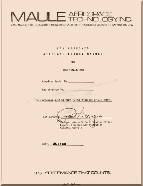 Maule Aircraft Model  MX-7-180 B   FAA Approved Flight Manual  - 1999