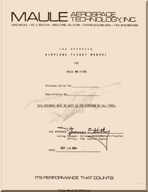 Maule Aircraft Model  MX-7-235   FAA Approved Flight Manual  - 1984