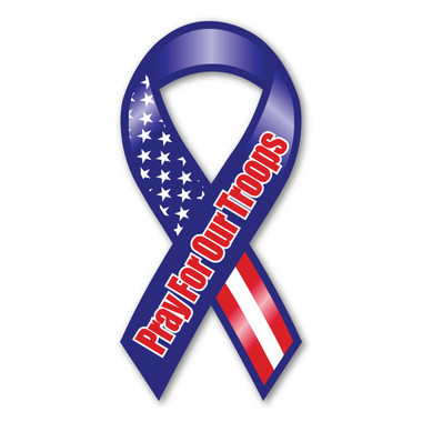 This beautifully designed magnet, with American flag theme, is perfect for showing support for and reminding everyone to pray for the safe return of our troops.