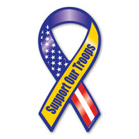 The phrase "Support Our Troops" first began gaining popularity during the Gulf War when it was used, along with the yellow ribbon symbol, as an expression of the desire to bring our troops home safe. It has continued to grow in popularity since 2003 with Magnet America's "Support Our Troops" Yellow Ribbon Magnet, which was introduced in honor of those serving in Iraq. This Mini Ribbon Magnet displays the colors of the American Flag as well as the yellow color traditionally used to show support for the troops. This item is another great way to show your support for the men and women serving in our country's military.