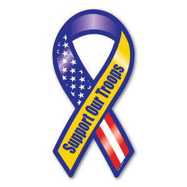 The phrase "Support Our Troops" first began gaining popularity during the Gulf War when it was used, along with the yellow ribbon symbol, as an expression of the desire to bring our troops home safe. It has continued to grow in popularity since 2003 with Magnet America's "Support Our Troops" Yellow Ribbon Magnet, which was introduced in honor of those serving in Iraq. This Large Ribbon Magnet displays the colors of the American Flag as well as the yellow color traditionally used to show support for the troops. This item is another great way to show your support for the men and women serving in our country's military.
