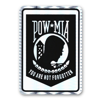 This magnet is a greaOur POW*MIA Holographic Rectangle Decal shows concern for those in the military who have been taken as prisoners of war or have been listed as missing in action. During the Vietnam War, the POW*MIA design was created in 1972 by Newt Heisley. POW wife Evelyn Grubb campaigned for this cause to the government and local organizations. In 1988, National POW*MIA Recognition Day was passed by Congress.  In 1990, Congress passed US Public Law 101-355 recognizing it as a symbol of our Nation's commitment to resolving the fate of those who were or are prisoners of war, missing, and unaccounted for in action in Southeast Asia and all American wars. Honor those who are or have been a prisoner of war or are missing in action with our POW*MIA Holographic Rectangle Decals. You are not forgotten!t way to honor those who were taken prisoner and were never found during war.