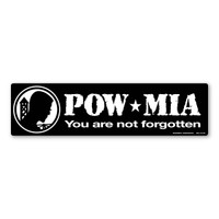 Our POW*MIA Bumper Strip Magnet shows concern for those in the military who have been taken as prisoners of war or have been listed as missing in action. During the Vietnam War, the POW*MIA design was created in 1972 by Newt Heisley. POW wife Evelyn Grubb campaigned for this cause to the government and local organizations. In 1988, National POW*MIA Recognition Day was passed by Congress.  In 1990, Congress passed US Public Law 101-355 recognizing it as a symbol of our Nation's commitment to resolving the fate of those who were/are prisoners of war and missing and unaccounted for in action in Southeast Asia and all American wars. Honor those who are or have been a prisoner of war or are missing in action with our POW*MIA Bumper Strip Magnet.  You are not forgotten!