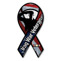 The Iraq War was a war in which the United States fought and toppled the government of Saddam Hussein.  It lasted right at 8 years. Iraq War Veteran Mini Ribbon Magnet has an American flag background with a veteran salute inset. It features the authentic service ribbon for the Iraq War. What a wonderful way to show your pride as a Iraq War Veteran or in memory of a loved one who served!