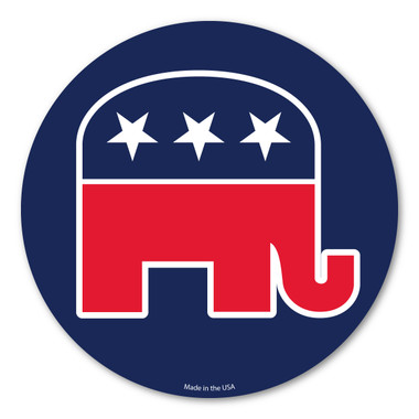 Our Republican Elephant Circle magnet 2 is a wonderful way to show your support for the Republican party.  The red, white, and blue colors show the true American spirit.  The Republican elephant was invented by Thomas Nast in 1874. It first appeared in Harper's Weekly. The elephant is a symbol for being "strong and dignified."  During election season, our Republican Elephant Circle Magnet 2 is a great way to show your support for your political party.