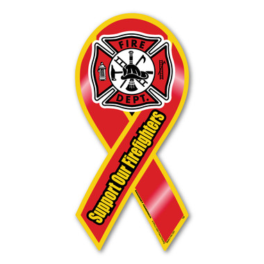 Support Our Firefighters ribbon magnet is a great way to show your support the brave men and women who risk their lives everyday against fire and devastation. It also has a maltese design placed in the middle of the ribbon. Firefighters are hard workers, dedicating themselves to be able to do their job effectively by saving lives.   Bravery, loyalty and honor describes firefighters.  These ribbons are also a great fundraiser items for Firefighter support groups.