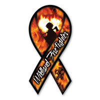 Wildland firefighters combat wildfires and prevent future fires from starting!  Support those who risk their lives every day to protect us from forest fires and devastation. In the middle of this ribbon magnet is a silhouette of a firefighter with flames in the shape of a heart to symbolize the courage that is exhibited daily by our brave firemen and women. Great design for fundraisers and support events.