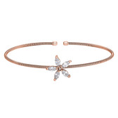 Rose Gold Finish Sterling Silver Cable Cuff Flower Bracelet with Simulated Diamonds