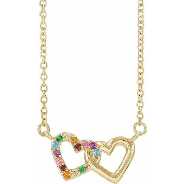 14k yellow gold double heart rainbow gemstone necklace