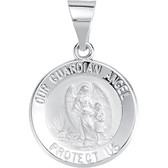 Guardian Angel Pendant Medal 15 mm Round Religious Jewelry in 14k White Gold