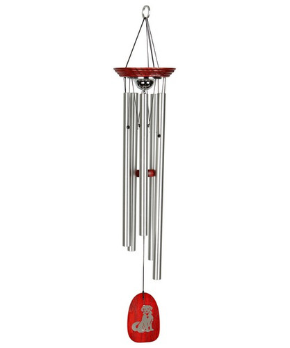 Dog Memorial Wind Chime features a waterproof nickel-pated urn and a nickel-plated brass dog ornament on the wind catcher.
