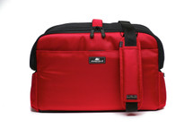Red Sleepypod Atom Airline Approved Pet Carrier has an adjustable, padded shoulder strap