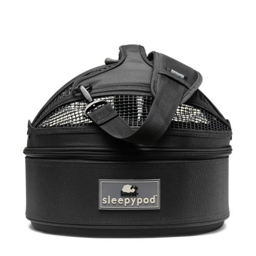 Jet Black Sleepypod Mini Pet Carrier, Car Safety Seat, Bed has multiple mesh windows for ventilation and pet visibility