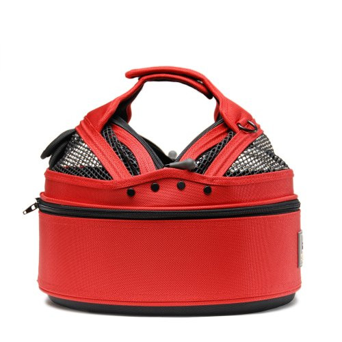 Strawberry Red Sleepypod Mini Airline Approved Pet Carrier, Car Safety Seat, Bed allows you to partially open the dome so you pet can stick its head out