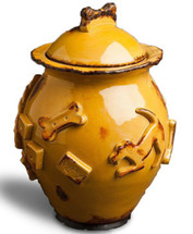 Ceramic stoneware dog treat jar in caramel glaze.