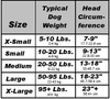 Mutt Muffs sizing guideline - overall circumference measurement of your dog's noggin at the largest point is the best determination of size.  Circumference is the measurement that would create a circle by going across the top of the dog's head, over the ears and then under the chin.