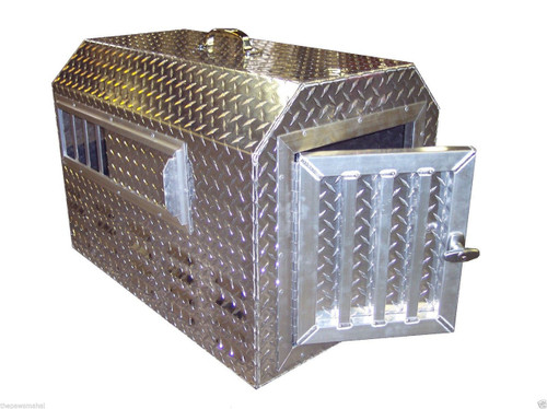 Diamond Plate Aluminum dog box features sliding side vents, insulated interior & top carry handle