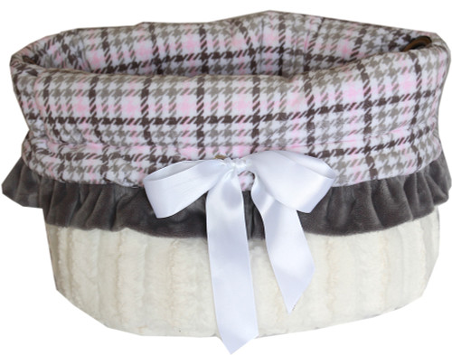 3-In-1 Reversible Pink Plaid Snuggle Bug functions as a pet bed, a car seat or a shoulder tote.
