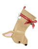 Chihuahua Christmas Holiday Dog Stocking features a red satin ribbon collar, bow & hang loop overlaid with metallic silver threads & rhinestone embellishments, a silver-tone bell & d-ring from which hangs a paper ID tag for personalization.
