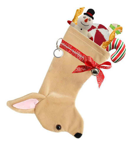 Chihuahua Christmas Holiday Stocking features tan faux fur fabric, black/brown eye & black nose accents with a decorative ribbon collar.  Its a full 14.5 inches long for lots of small toys, treats & goodies.  Sorry, but the toys are NOT included.