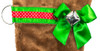 Tan Dachshund Christmas Holiday Dog Stocking features a green satin ribbon collar & hang loop overlaid with red & white dotted grosgrain ribbon, green satin bow & hanger with a silver-tone bell & d-ring from which hangs a paper ID tag for personalization (not shown).