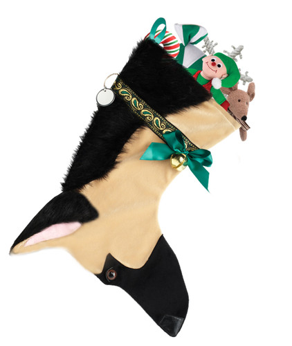 German Shepherd dog stocking features faux fur fabric, brown/black eye & black nose accents, hunter green & gold metallic jacquard ribbon "collar,” green satin bow & hanging loop, gold-tone jingle bell & a paper ID for personalization.  Sorry, but the toys are NOT included.