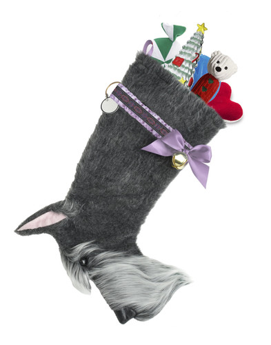 Schnauzer dog stocking features faux fur fabric, black eye & nose accents, lilac satin/jacquard ribbon "collar,” lilac satin bow & hanging loop, gold-tone jingle bell & a paper ID for personalization.  Sorry, but the toys are NOT included.