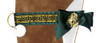 Boxer Christmas Holiday Dog Stocking "collar" features green satin and Greek Key design metallic ribbon with gold accents.