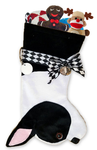 Boston Terrier Christmas Holiday Stocking features lush faux fur fabric, black eye & nose accents. Sorry, but the toys are NOT included.