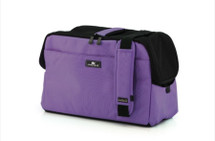 Violet Sleepypod Atom Airline Approved Pet Carrier has pockets on both sides and ends, padded, adjustable shoulder strap, built-in hand carry handle, integrated safety tether, and mesh windows for ventilation and visibility.