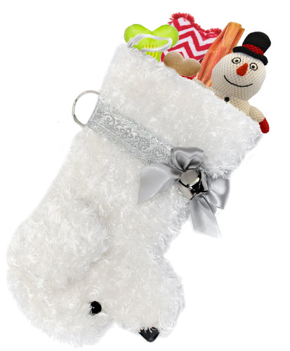 Bichon Frise Maltese Snowball Christmas Holiday Dog Stocking measures 20.5 inches long, so you can load it up with lots of toys, treats, collars, etc.  Toys shown are NOT included.