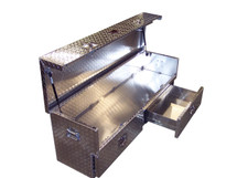 Diamond Plate Open Top Tailgate Toolbox With Drawers features two lower drawers and a top storage area that fully opens to reveal a large cargo area for sliding longer tools, rifles & equipment in easily.  Can also be used in some vans & SUV's depending on the cargo space.