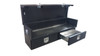 Black Powder Coat Diamond Plate Open Top Tailgate Toolbox With Drawers features two roomy lower drawers and a top storage area that opens fully to reveal a large cargo area for sliding longer tools & equipment in easily.