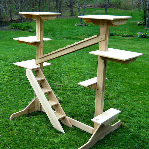 Amish Made Cedar Indoor Outdoor Cat Jungle Gym has a total of 7 perches and stable 42" deep legs for stability.