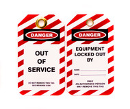 Lockout Tags, Out of Service, Red Border, .025" Thick with Brass Grommet , 10/pack