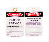 Lockout Tags, Out of Service, 0.25" Thick with Brass Grommet, 10/pk