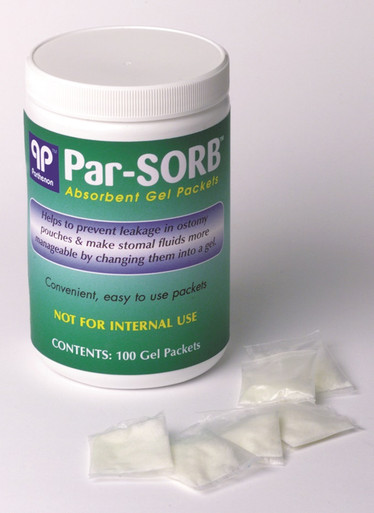 ParSORB ileostomy absorbent gel packets for loose or liquid stomal output. An ileostomy typically has liquid output that can be very acidic and harmful to the skin. ParSORB turns the liquid into a gel making it easier to manage and less likely to leak from the ostomy appliance.