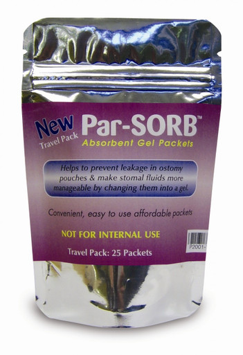 ParSORB Ileostomy Absorbent Gel Packets as a travel size (item#  P2001-25). A great travel accessory for an ileostomate.